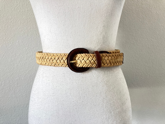 1980s Straw and Leather Belt, Vintage Braided Belt - image 1