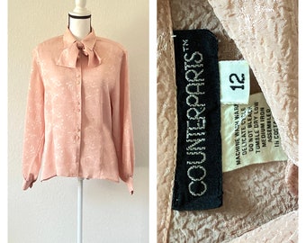 1980s Peach Bow Collar Blouse, Vintage Light Orange Tie Neck Blouse