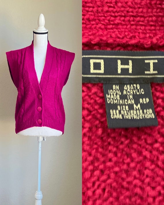 1980s Magenta Sweater Vest, Vintage Fuchsia Sleeve