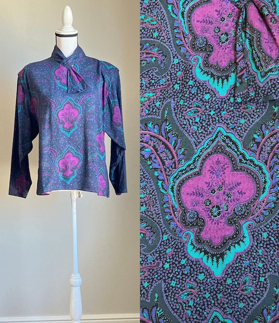 1980s High Neck Paisley Blouse, Vintage Blouse wit