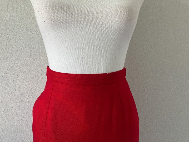 1970s Pleated Red Linen Skirt, Vintage Flared Wool Blend Skirt image 3