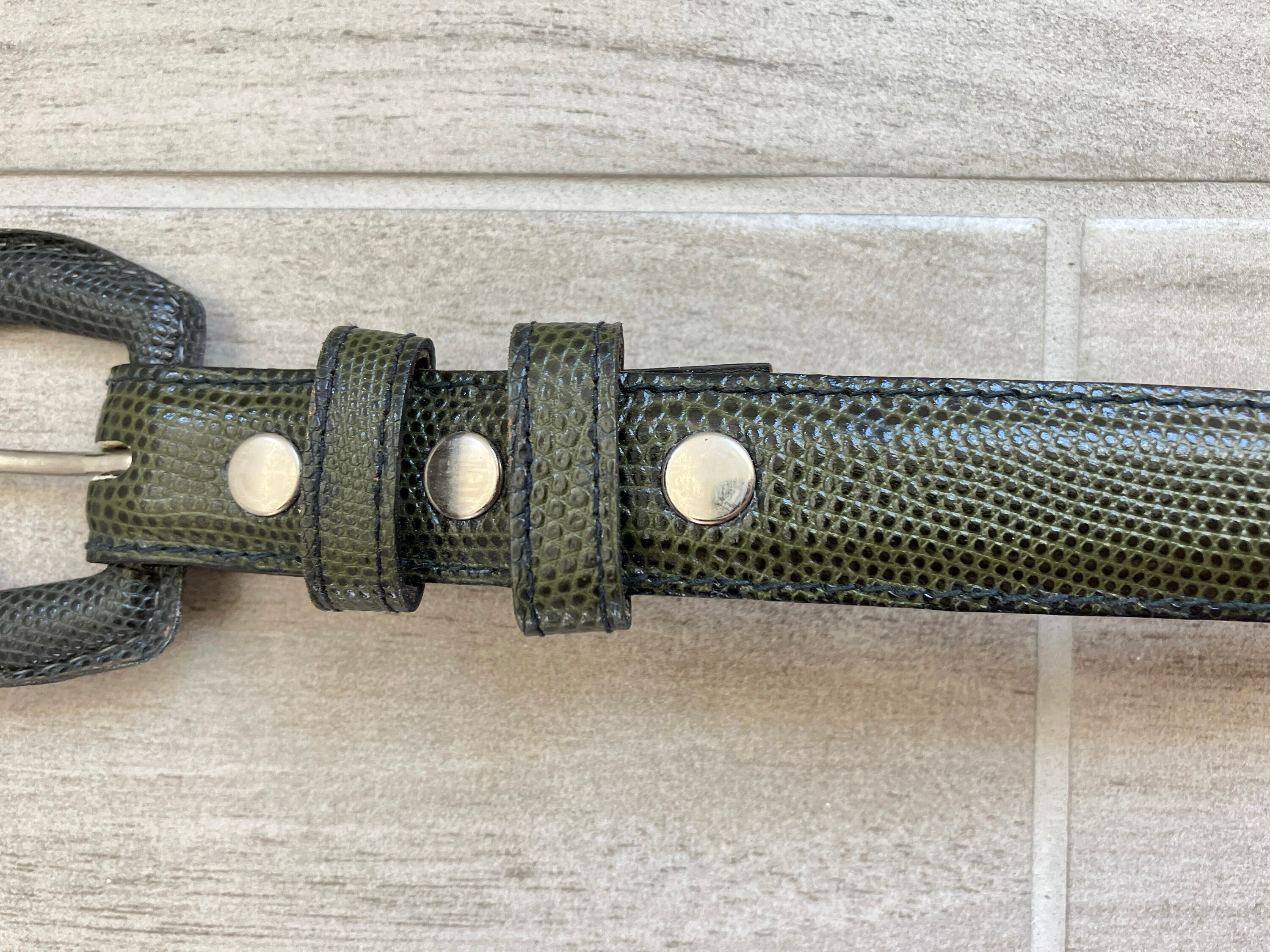 80s Stylish Vintage Olive Green Leather and Reptile Accents Belt 1980s Olive Lizard Skin Belt, Vintage Green Leather Belt - Etsy main image 2