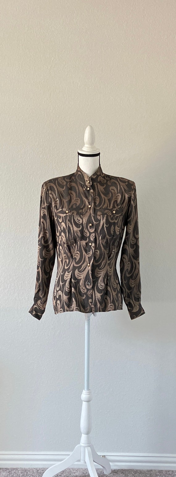 1980s Gold and Black Blouse, Vintage High Collare… - image 2