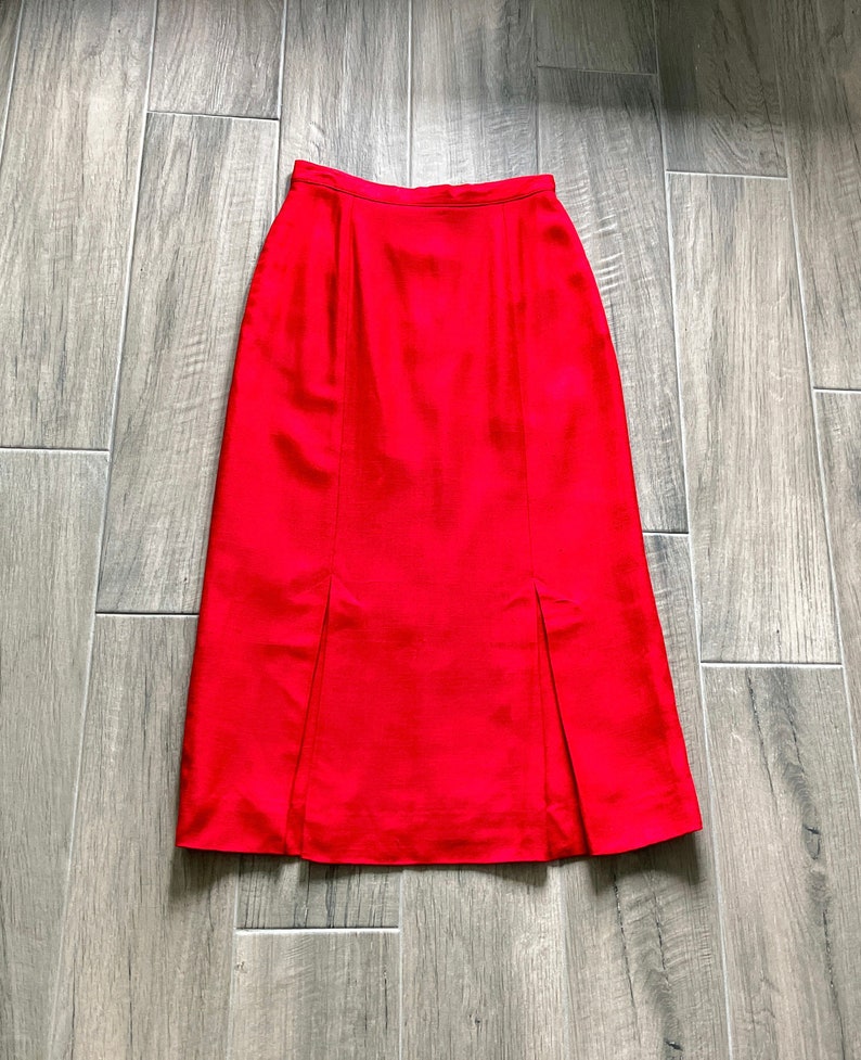 1970s Pleated Red Linen Skirt, Vintage Flared Wool Blend Skirt image 7