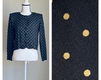 1980s Black Polka Dot Blouse, Vintage Cropped Dotted Blouse