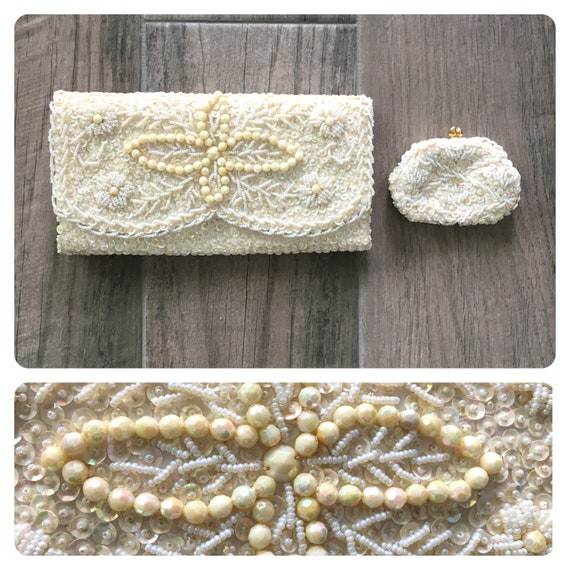 1940s Ivory Beaded and Sequined Clutch, 1930s Clu… - image 1