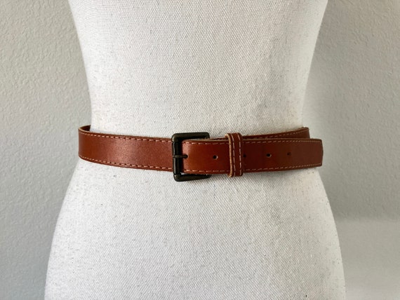1970s Tan Leather Belt, 1980s Slim Caramel Belt - image 1