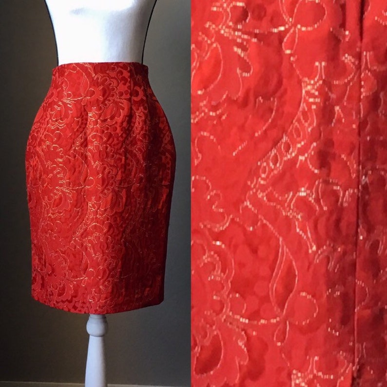 Vintage Ports International,1980s Red Brocade Skirt,1990s Red and Gold Brocade Skirt,1980s Formal Skirt,1990s Evening Skirt