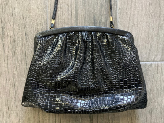 1980s Black Faux Croc Handbag, Vintage Vegan Leat… - image 1