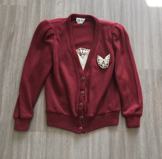 1980s Cardigan with Dickey, Vintage Maroon Sweate… - image 8