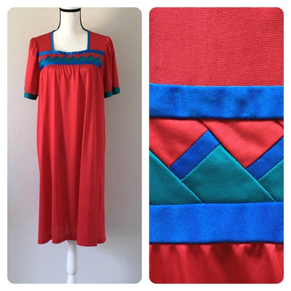 1970s Red Satin Nightgown, Vintage Colorful Sleep… - image 1