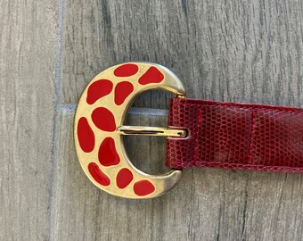 80s,m/l snakeskin red black assymetrical belt 1980s Red Snakeskin Leather Belt | Double Buckle Stretch  main image 4