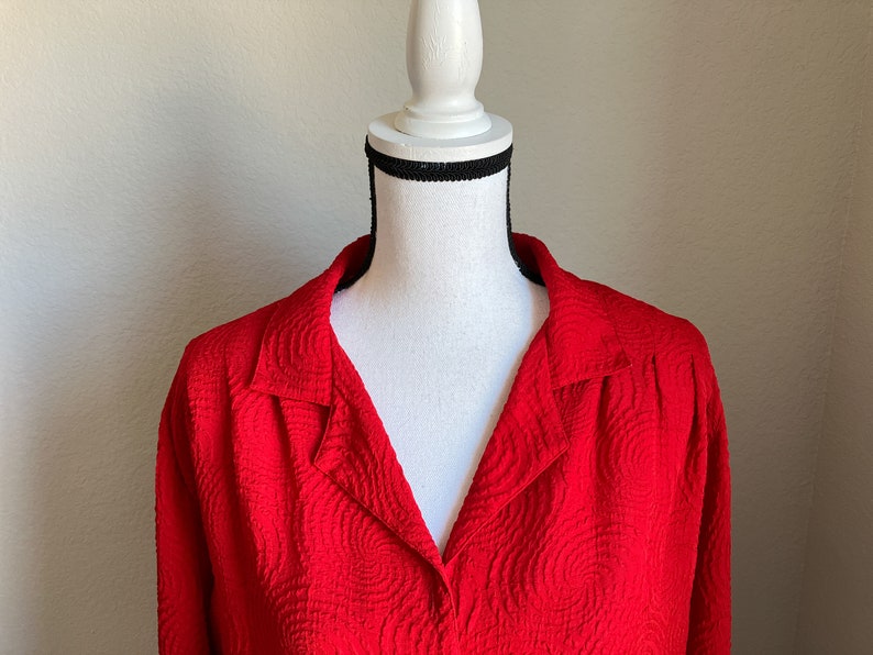 1970s Red Textured Polyester Blouse, Vintage Blouse with Swirl Pattern image 3