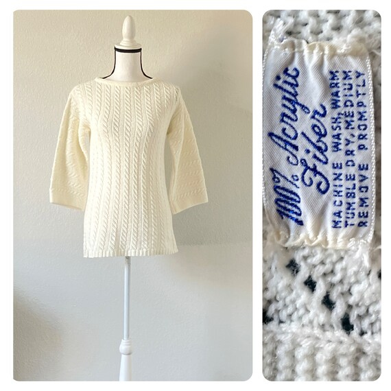 1960s Cable Knit Pullover Sweater, Vintage Ivory … - image 1
