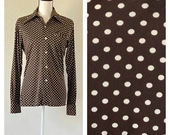 1970s Polka Dot Blouse, Vintage Shirt with Large Pointed Collar