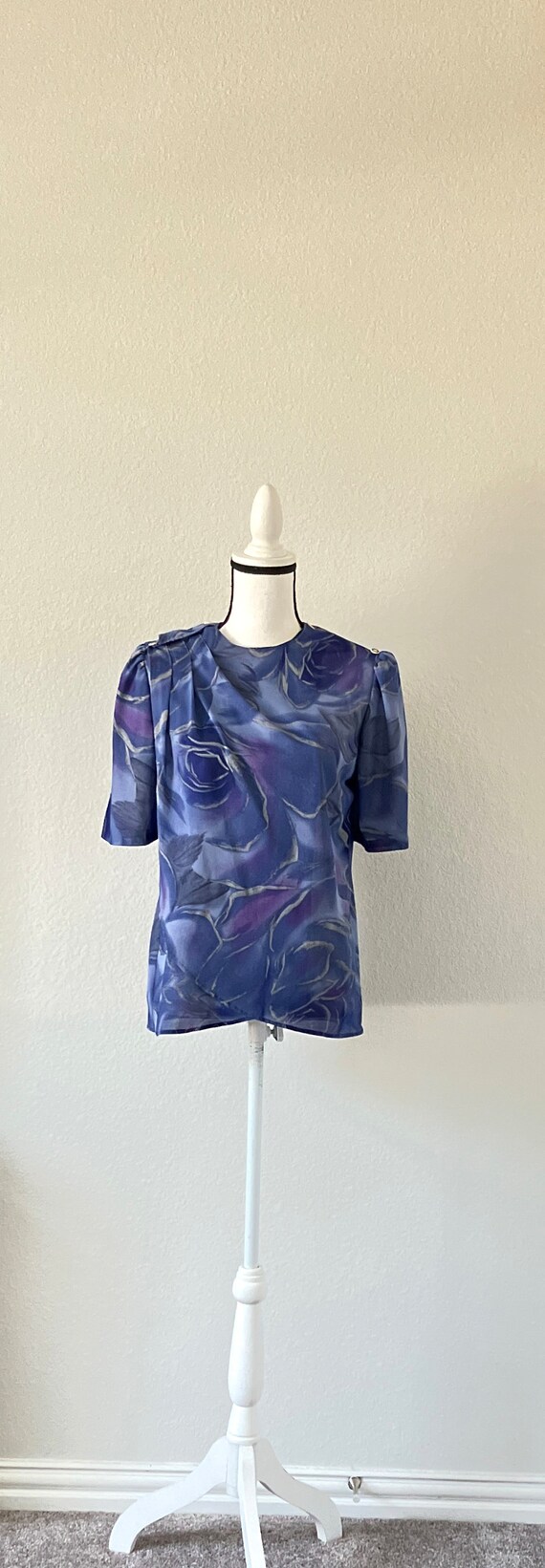 70's/80's Sheer Blue and Orange Abstract Floral Turtleneck Blouse by Hard Wolf