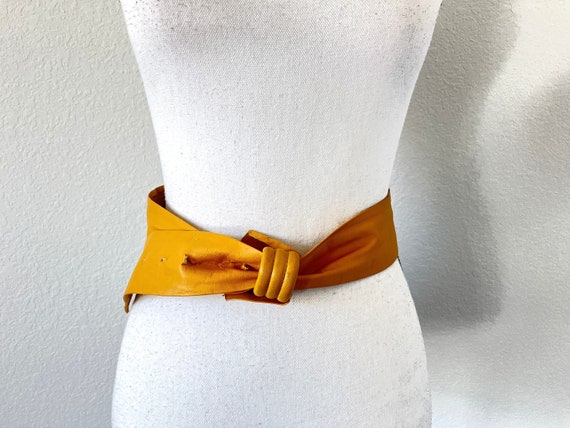 1970s Yellow Leather Belt, Vintage Sash Style Belt - image 1