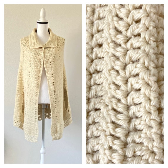 1970s Ivory Knit Shawl, Vintage Hand Knit Cape wi… - image 1