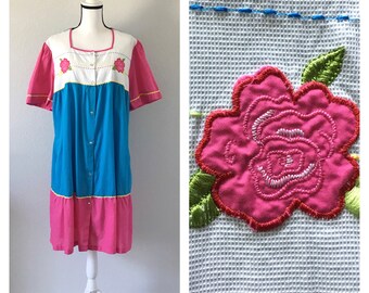 1980er Buntes Baumwoll Tageskleid, Vintage Rosa und Türkis Nap Kleid