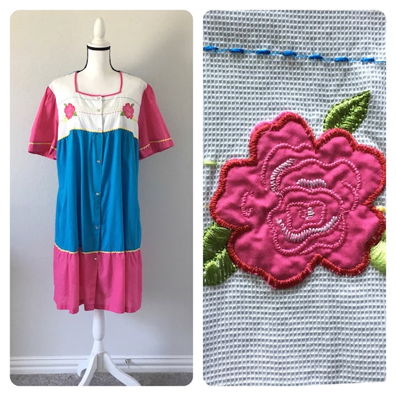 1980s Multicolored Cotton Day Dress, Vintage Pink… - image 1