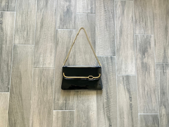 1970s Black Patent Leather Purse, 1960s Shiny Bag… - image 1