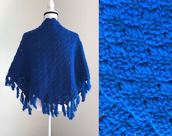 1960s Blue Hand Knit Shawl, 1970s Acrylic Hand Made Wrap