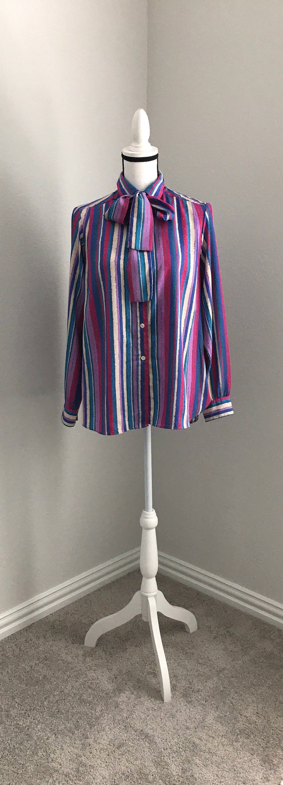 1980s Striped Bow Collar Blouse, Vintage Multicol… - image 2