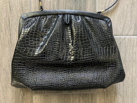 1980s Black Faux Croc Handbag, Vintage Vegan Leat… - image 3