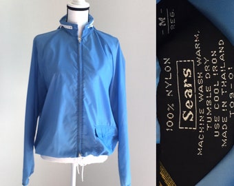 Sears vintage, coupe-vent en nylon bleu des années 1970, veste de pluie vintage avec capuche