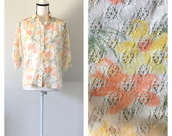 1970s Sheer Floral Blouse, Vintage Blouse with Tie Cuffs