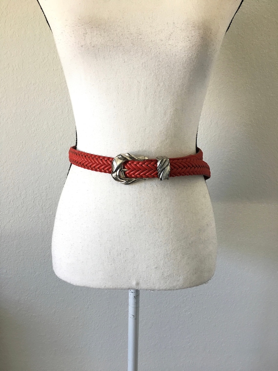 1990s Red Woven Leather Belt, Vintage Braided Lea… - image 1