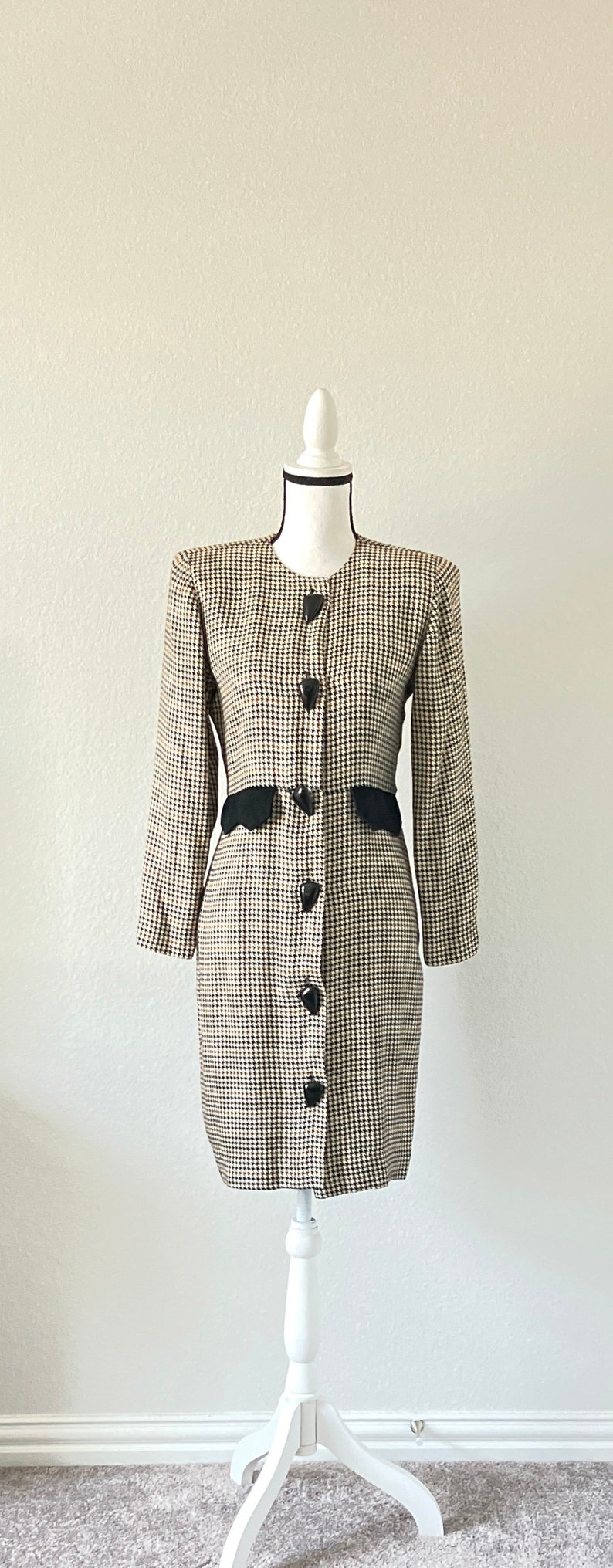 1980s Autumn Houndstooth Dress, Vintage Checkered Button Down Dress image 2