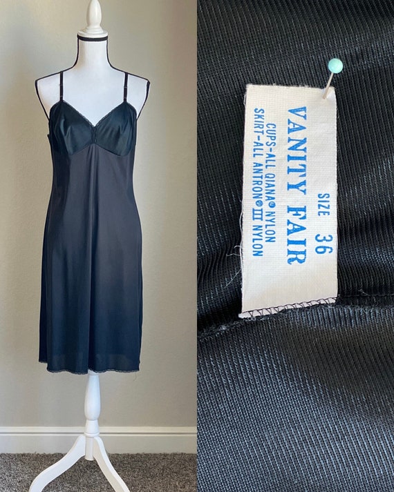 1980s Black Full Slip, Vintage Monochrome Dress Sl