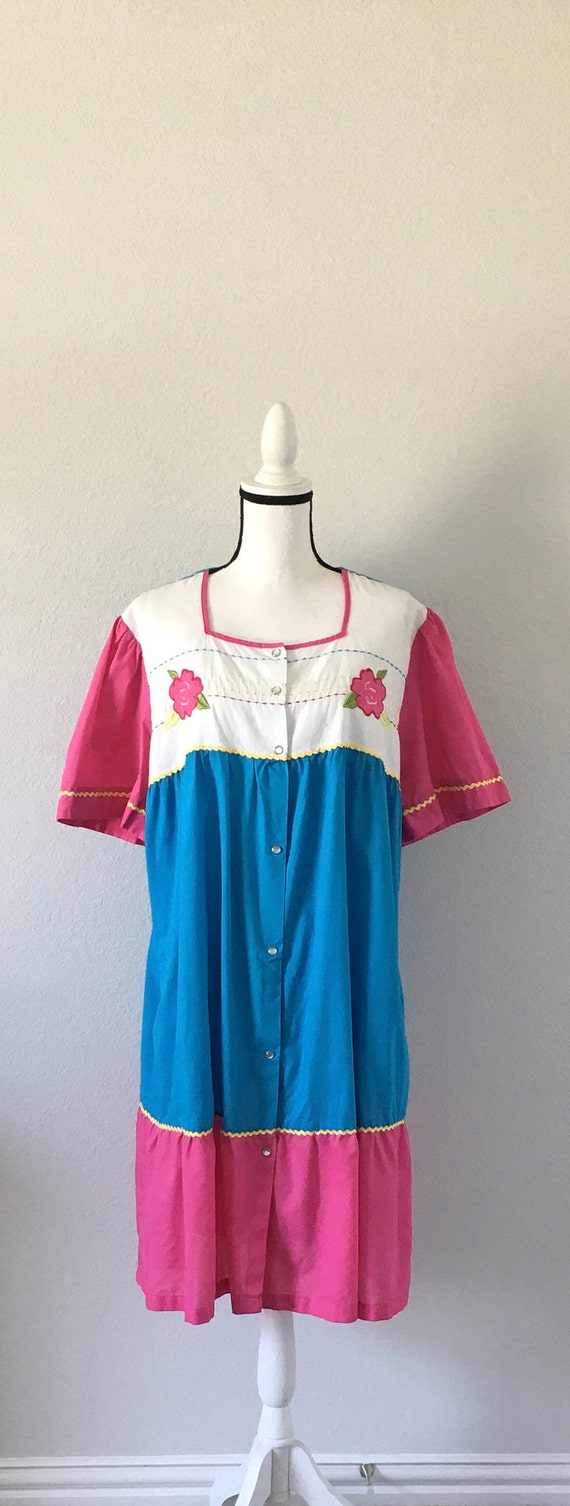 1980s Multicolored Cotton Day Dress, Vintage Pink… - image 2