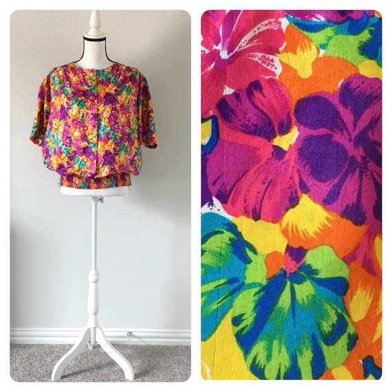 1980s Bright Floral Blouse, Vintage Silky Sweatsh… - image 1