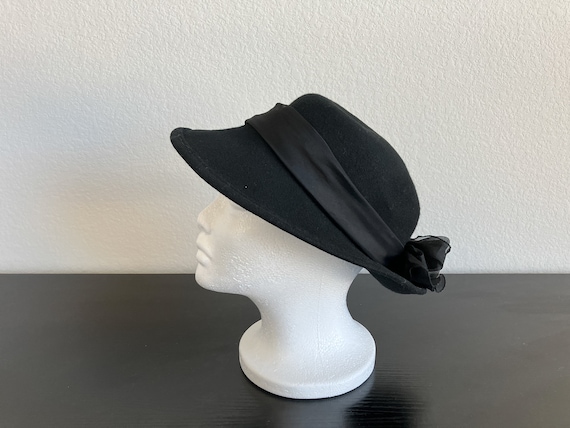 Vintage Black Wool Wide-Brim Hat with Scarf Womens Vintage Black Wide Brim Hat - Veil Feathers Roses  main image 3