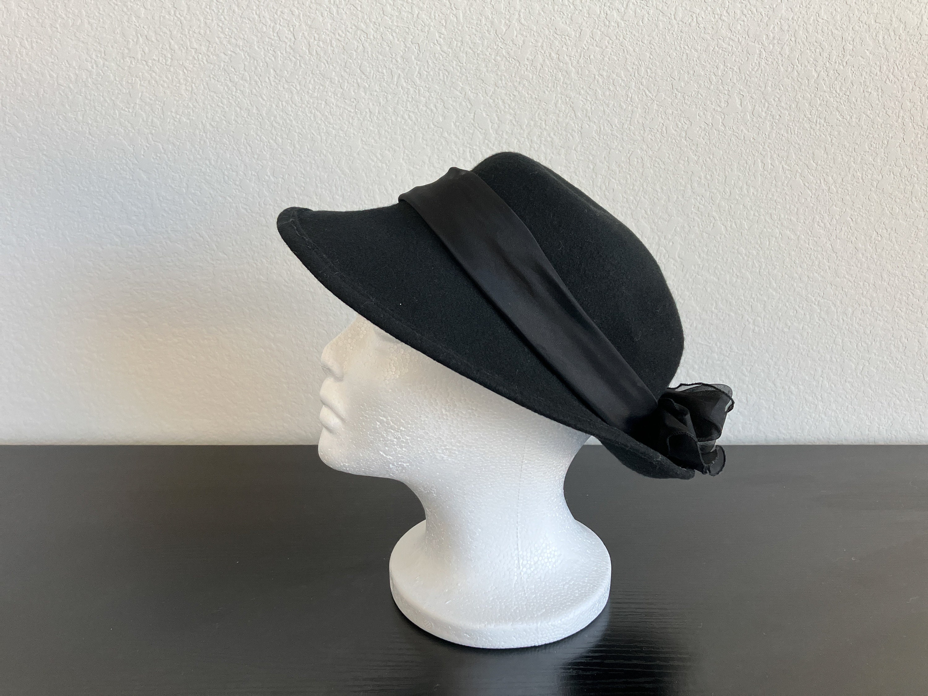 Arlin Black Wool Wide Brim Hat Vintage 1950s Bow Trim Made in USA Wide Brim Hat in Black Fleece with Large Bow | The Derby  main image 3