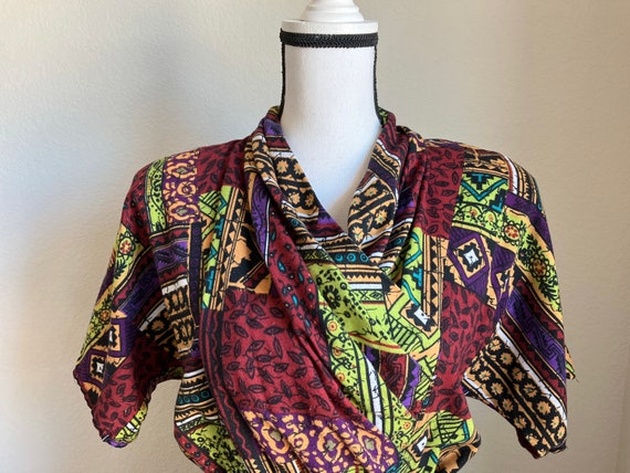 1980s Multi Print Dress, Vintage Shawl Collar Vib… - image 3