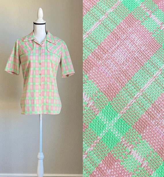 1950s Hand Made Plaid Top, 1960s Pastel Tunic Blo… - image 1