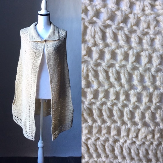 Vintage Handknit Cape,1970s Ivory Knit Shawl,1970s
