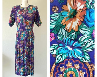 1980s Dress with Pleated Skirt, Vintage Floral Midi Dress