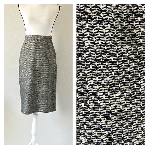 1960s Black and White Tweed Skirt, Vintage Wool P… - image 1