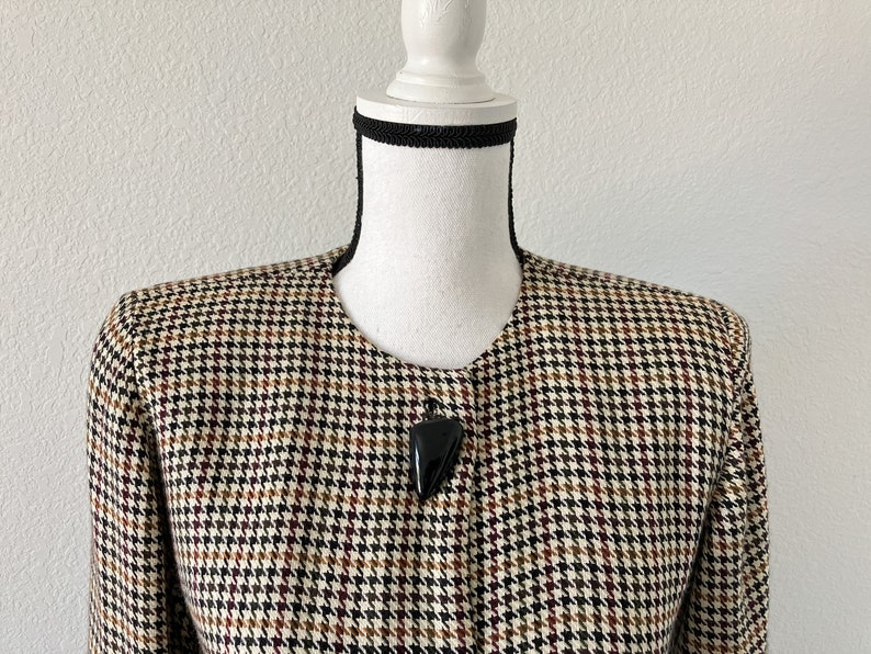 1980s Autumn Houndstooth Dress, Vintage Checkered Button Down Dress image 3