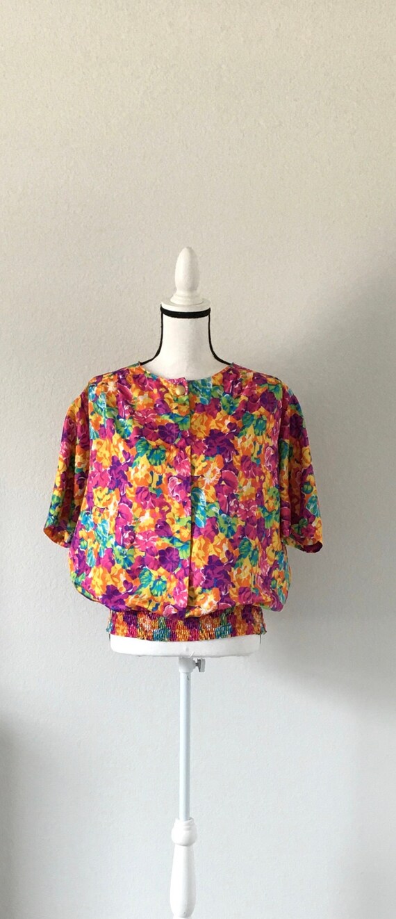 1980s Bright Floral Blouse, Vintage Silky Sweatsh… - image 2