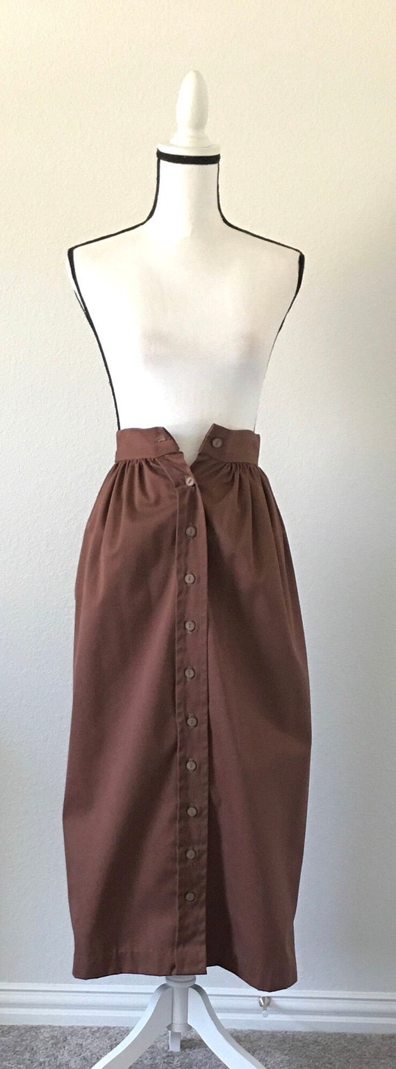 1980s Brown Button Down Skirt, 1970s Cotton Midi … - image 2