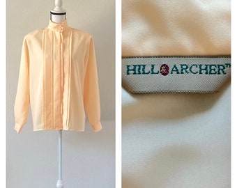 1980s High Collar Blouse, Vintage Peach Pleated Blouse