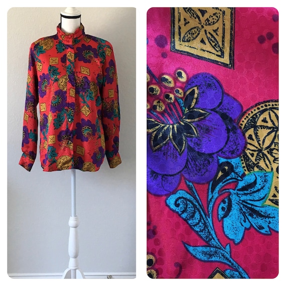 1980s Bright High Neck Blouse, Vintage Colorful T… - image 1