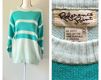 Op de afbeelding: Een lichtblauwe en turquoise gestreepte trui met een wit label waarop staat "Reference Point by Dray" en "RN 50550 100% Katoen Gemaakt in de Republiek Maldiven". Het label heeft ook een maatlabel "M".