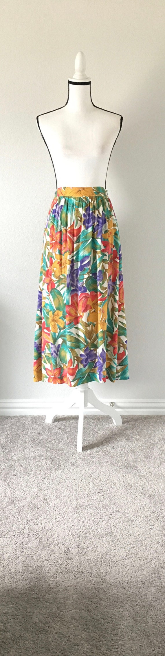 1980s Floral Swing Skirt, Vintage Tropical Print … - image 2