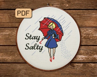 Stay Salty Cross Stitch Pattern, Funny Crossstitch PDF, Girl Embroidery Design, Instant Download